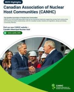 A professional image of two officials shaking hands at a nuclear community event, highlighting collaboration and partnership in Canada's nuclear industry.