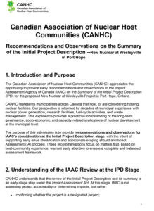 Official document from the Canadian Association of Nuclear Host Communities (CANHC) discussing nuclear project recommendations and observations.