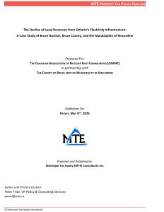 Image showing the cover page of the report titled "The Decline of Local Revenues from Ontario’s Electricity Infrastructure" with focus on Bruce Nuclear and Kincardine.