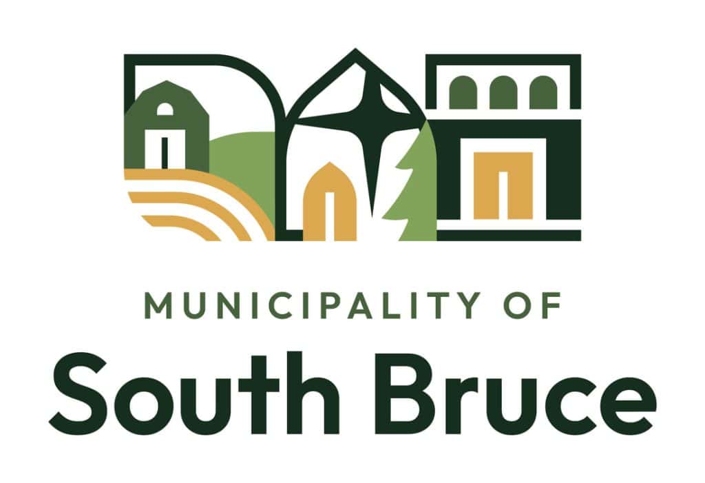 Logo of the Municipality of South Bruce, Ontario, Canada, featuring local landmarks and symbols representing community, agriculture, and regional heritage.